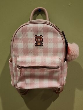 Pink Checkered Backpack with Teddy Patch